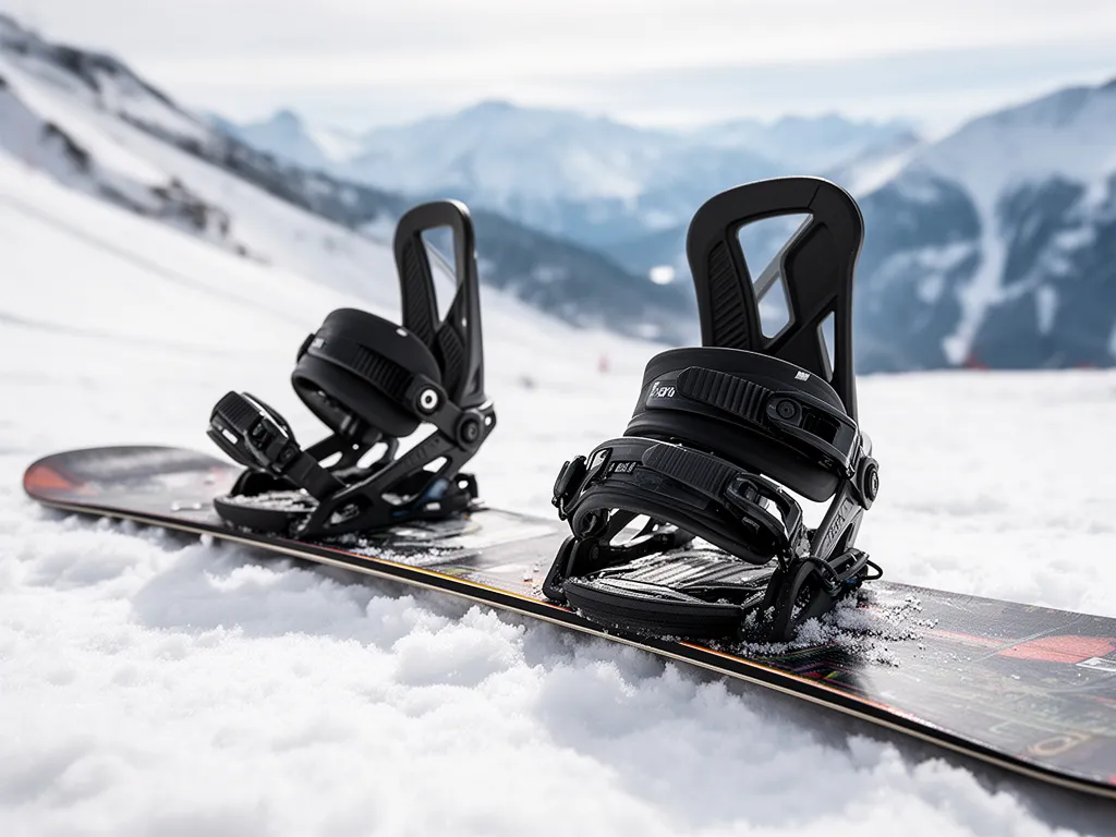 Wiązania snowboardowe na desce leżącej na śniegu, do których mocuje się buty snowboardowe podczas jazdy