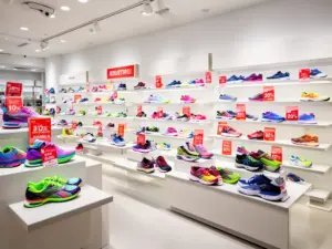 Buty sportowe damskie wyprzedaż z rabatami na półkach sklepowych z kolorowymi modelami trekkingowymi i turystycznymi