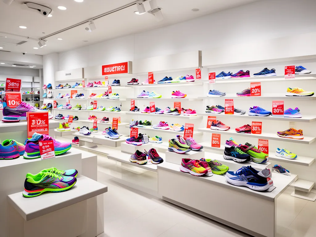 Buty sportowe damskie wyprzedaż z rabatami na półkach sklepowych z kolorowymi modelami trekkingowymi i turystycznymi