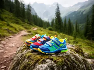 Buty sportowe dla dziewczynki na tle górskiego szlaku – idealne obuwie trekkingowe dla dzieci na rodzinne wyprawy