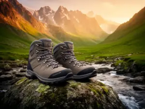 Buty trekkingowe damskie na tle górskiego szlaku z widokiem na alpejskie szczyty i dolinę
