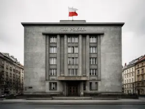 Historyczny budynek administracyjny z okresu PRL, gdzie pobierano podatek bykowe w Polsce w latach 1946-1973