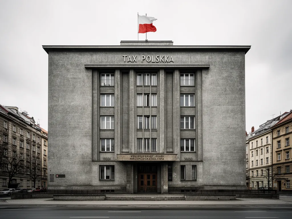 Historyczny budynek administracyjny z okresu PRL, gdzie pobierano podatek bykowe w Polsce w latach 1946-1973