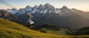 Cable car Zakopane wjeżdżająca na szczyt górski w Tatrach z widokiem na ośnieżone szczyty i zielone hale