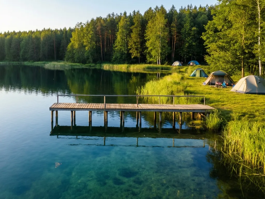 Camp Mazury nad jeziorem z pomostem i miejscami kempingowymi wśród zielonych lasów