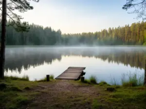 Camping Mazury nad jeziorem - malowniczy brzeg z pomostem i miejscem na namiot wśród mazurskich lasów