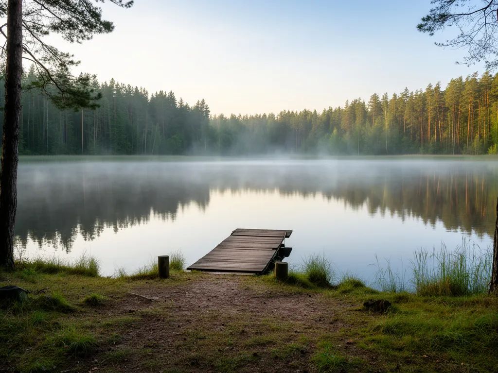 Camping Mazury nad jeziorem - malowniczy brzeg z pomostem i miejscem na namiot wśród mazurskich lasów
