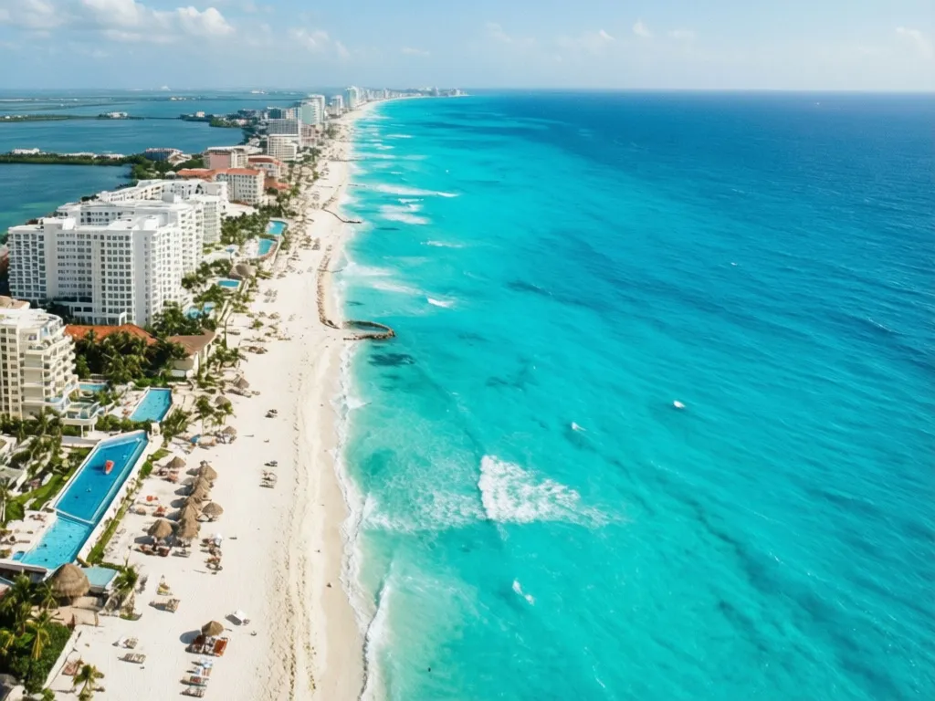 Cancun wakacje - widok na strefę hotelową z turkusowymi wodami Morza Karaibskiego i białymi plażami