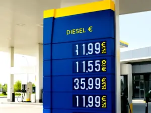 Tablica z cenami paliw na stacji benzynowej pokazująca aktualną cenę oleju napędowego w złotych polskich