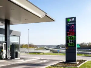 Stacja benzynowa w Niemczech z wyświetlaczem pokazującym aktualną cenę paliwa benzyny i diesla przy autostradzie