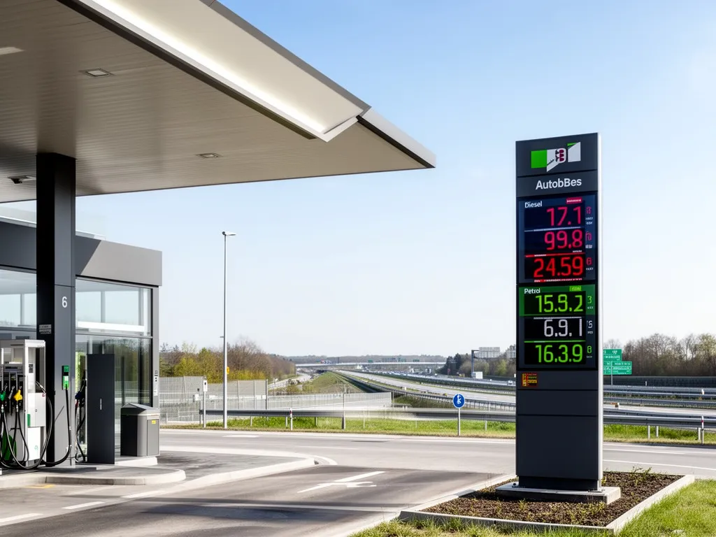 Stacja benzynowa w Niemczech z wyświetlaczem pokazującym aktualną cenę paliwa benzyny i diesla przy autostradzie