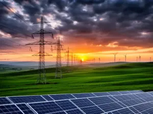 Linie wysokiego napięcia i odnawialne źródła energii symbolizujące cenę prądu w Polsce