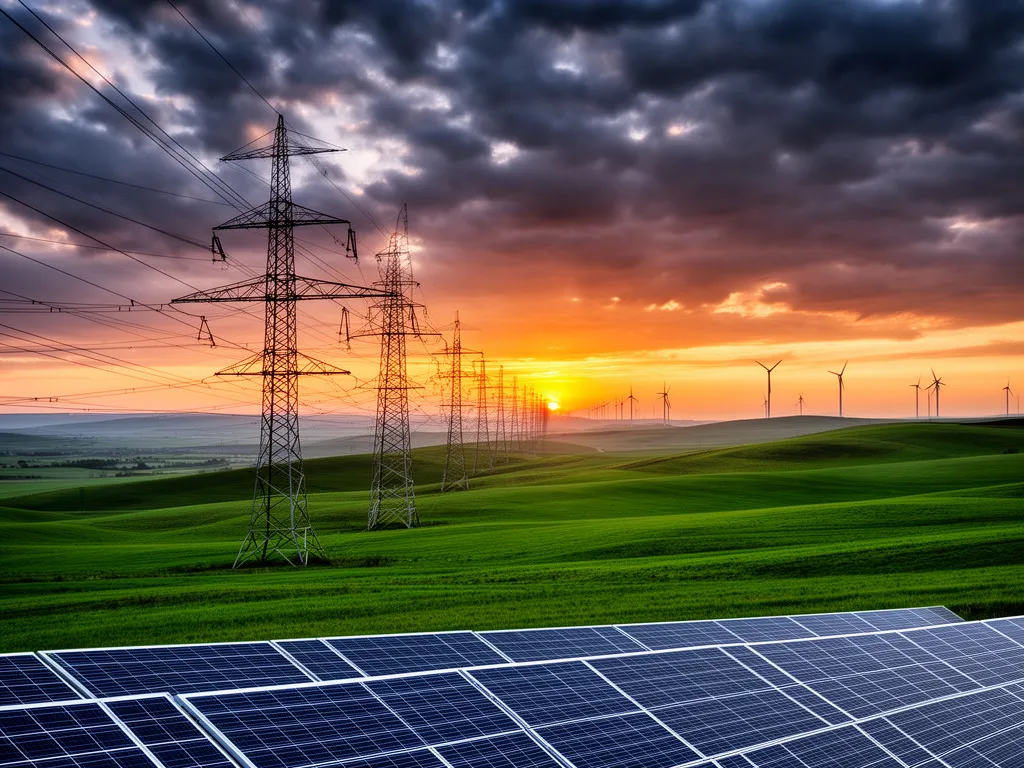 Linie wysokiego napięcia i odnawialne źródła energii symbolizujące cenę prądu w Polsce
