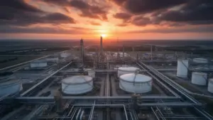 Rafineria ropy naftowej o zachodzie słońca - cena ropy brent wpływa na koszty produkcji paliw w zakładach petrochemicznych