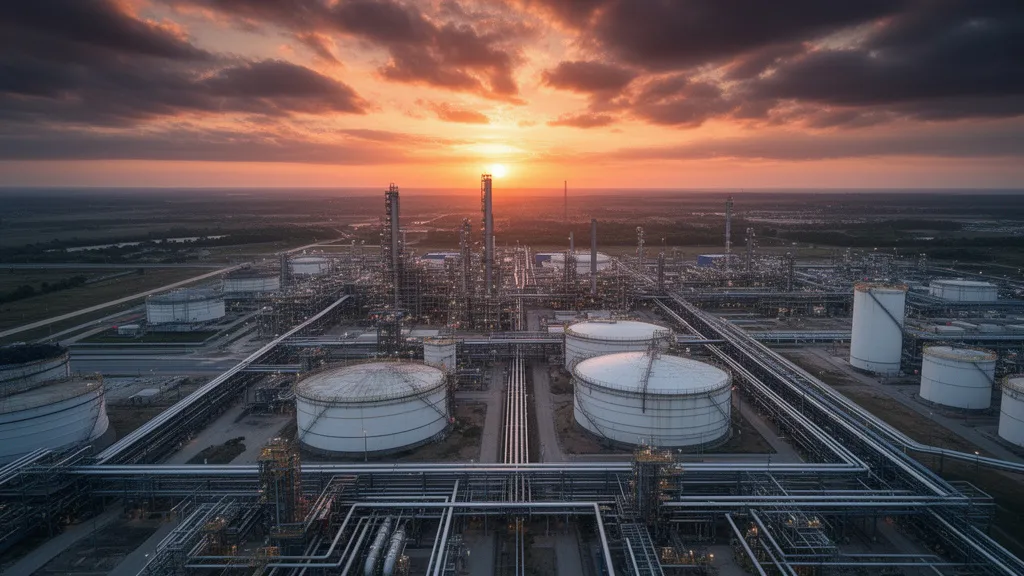 Rafineria ropy naftowej o zachodzie słońca - cena ropy brent wpływa na koszty produkcji paliw w zakładach petrochemicznych