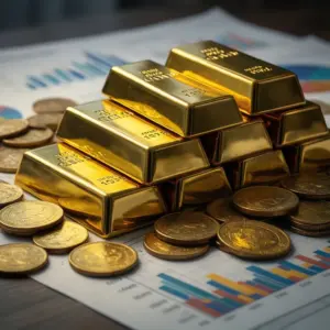 Sztabki złota i monety na wykresach finansowych przedstawiające aktualną cenę złota w 2026 roku