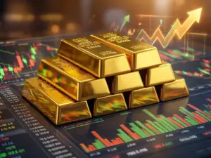 Sztabki złota na wykresach finansowych ilustrujące cena złota prognozy na 2026 rok