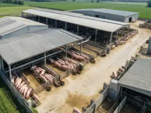 Nowoczesna ferma trzody chlewnej pokazująca warunki wpływające na cenę żywca wieprzowego w Polsce