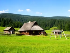 Chata Miłkowska agroturystyka dla dzieci w Beskidzie Niskim - widok na drewnianą chatę z placem zabaw i łąkami