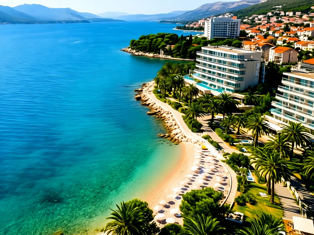 Widok na wybrzeże Split z hotelami all inclusive nad Morzem Adriatyckim w Chorwacji