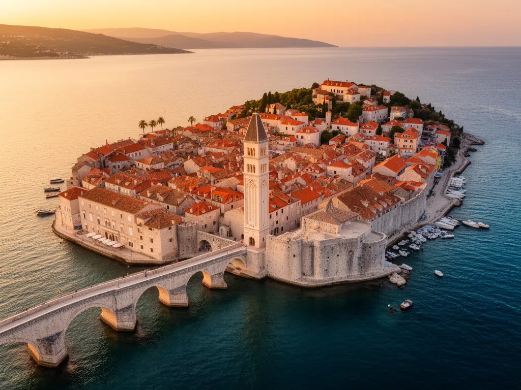 Panorama starego miasta Trogir w Chorwacji z lotu ptaka z widokiem na zabytkową zabudowę i mosty
