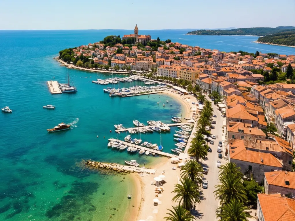 Widok na plażę i marinę w Vodice – popularny kurort w Chorwacji nad Morzem Adriatyckim