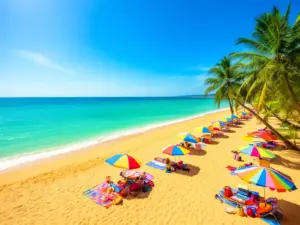 Plaża z parasolami i akcesoriami wakacyjnymi pokazująca co robić w wakacje podczas letniego wypoczynku