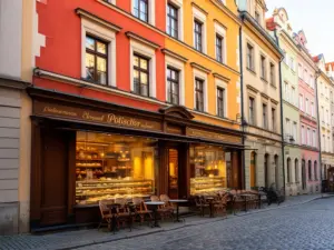 Tradycyjna cukiernia Warszawa - widok na zabytkową kamienicę ze stylową witryną pełną deserów w centrum miasta