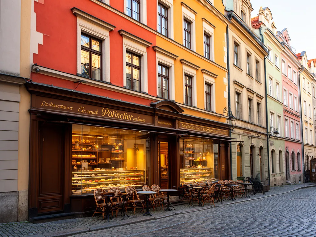 Tradycyjna cukiernia Warszawa - widok na zabytkową kamienicę ze stylową witryną pełną deserów w centrum miasta