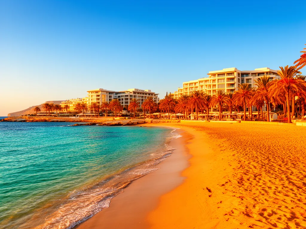 Cypr listopad all inclusive - piaszczysta plaża i lazurowe morze przy luksusowym hotelu na Cyprze jesienią