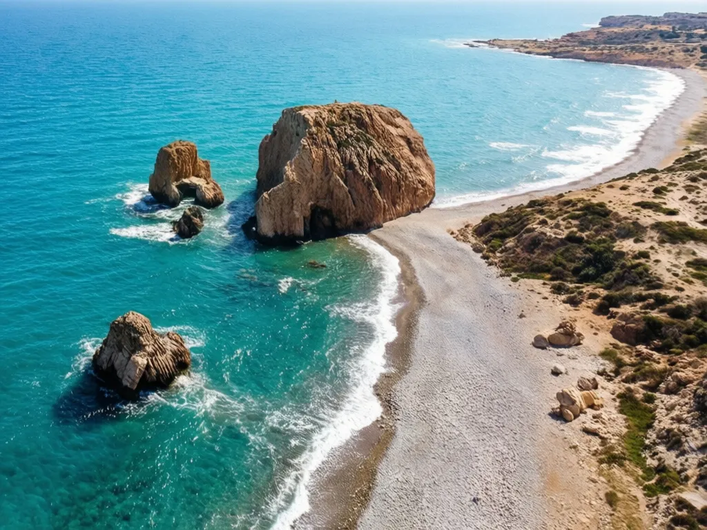 Cypr południowy – malownicza plaża Petra tou Romiou z turkusową wodą i skałami