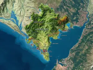 Czarnogóra mapa z zaznaczonymi regionami turystycznymi, górami i wybrzeżem Adriatyku