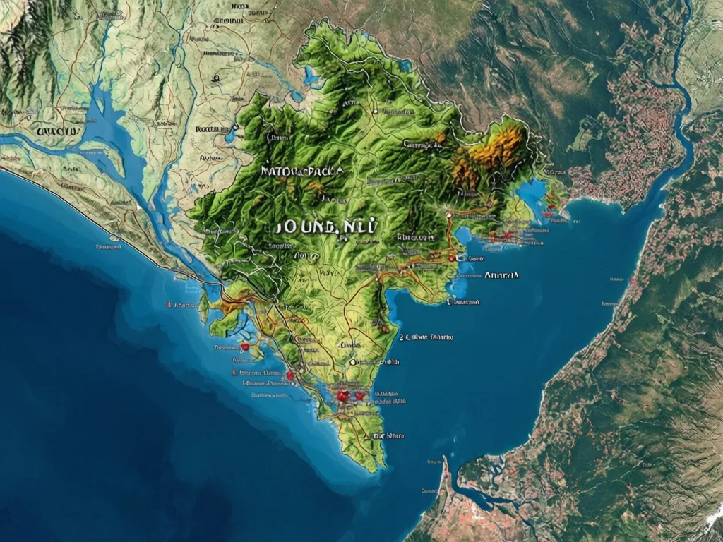 Czarnogóra mapa z zaznaczonymi regionami turystycznymi, górami i wybrzeżem Adriatyku