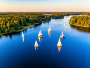 Czarter jachtów Mazury - widok z lotu ptaka na żaglówki pływające po jeziorach mazurskich w otoczeniu lasów