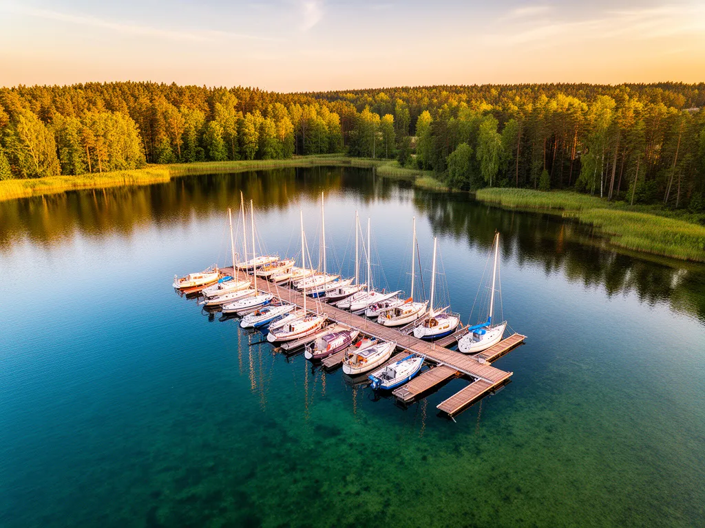 Czarter Mazury - jachty żaglowe cumujące przy drewnianym pomoście na mazurskim jeziorze w otoczeniu lasów