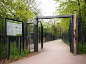 Wejście do zoo z tablicą informacyjną dotyczącą tego czy do zoo można wejść z psem