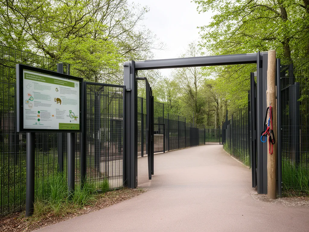 Wejście do zoo z tablicą informacyjną dotyczącą tego czy do zoo można wejść z psem