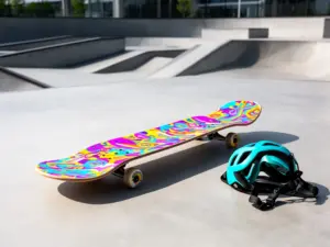 Kolorowa deskorolka dla dzieci na betonowej powierzchni skateparku z widocznym sprzętem ochronnym