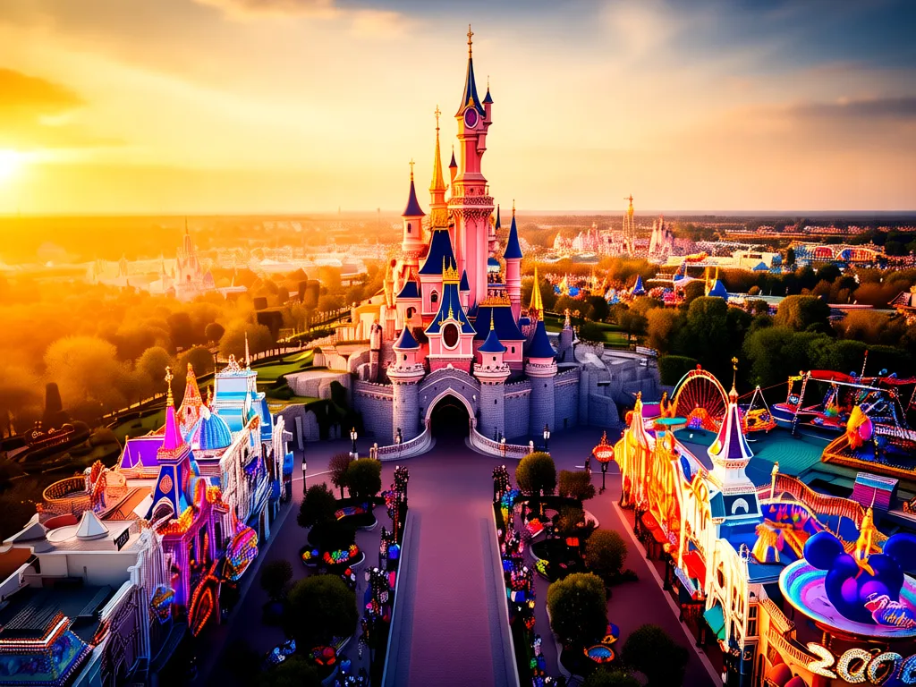 Disneyland wycieczka - widok na zamek i główną aleję parku rozrywki w Paryżu o zachodzie słońca