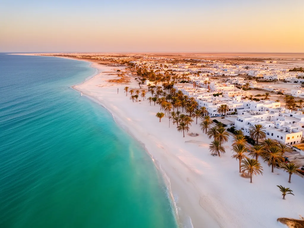 Djerba wakacje opinie - widok na plażę i lazurowe wody Morza Śródziemnego na tunezyjskiej wyspie Djerba