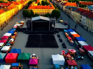 Scena główna i kolorowe namioty przygotowane na dni bełchatowa 2026 na miejskim placu