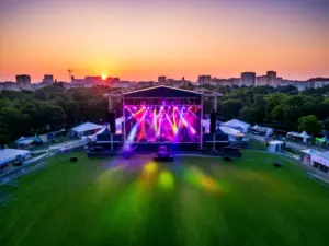 Teren festiwalu dni bemowa z główną sceną i kolorowymi światłami podczas letniego wieczoru