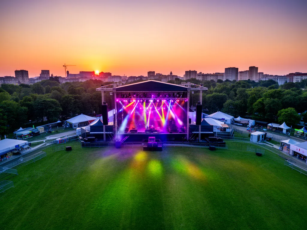 Teren festiwalu dni bemowa z główną sceną i kolorowymi światłami podczas letniego wieczoru