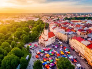 Panorama centrum Białegostoku z rynkiem Kościuszki podczas dni Białegostoku 2026 latem