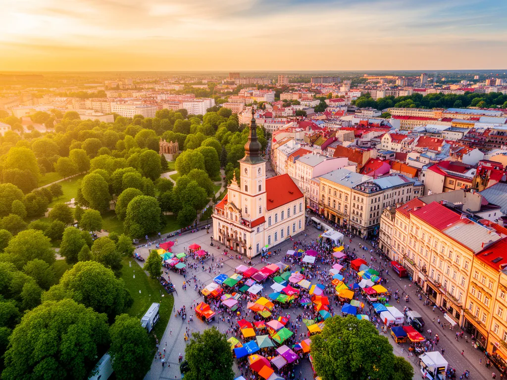 Panorama centrum Białegostoku z rynkiem Kościuszki podczas dni Białegostoku 2026 latem
