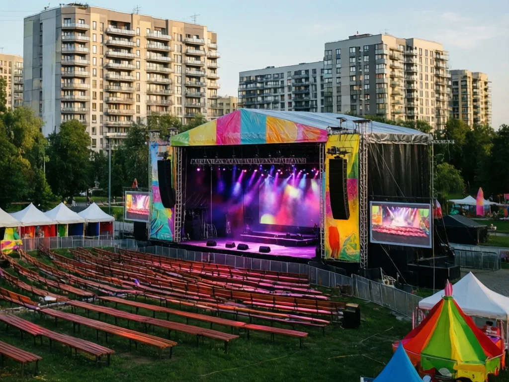 Scena festiwalowa przygotowana na dni białołęki 2026 w parku miejskim z blokami mieszkalnymi w tle