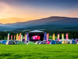 Teren Campingu Sudety w Bielawie przygotowany na dni bielawy 2026 ze sceną festiwalową i górskim krajobrazem