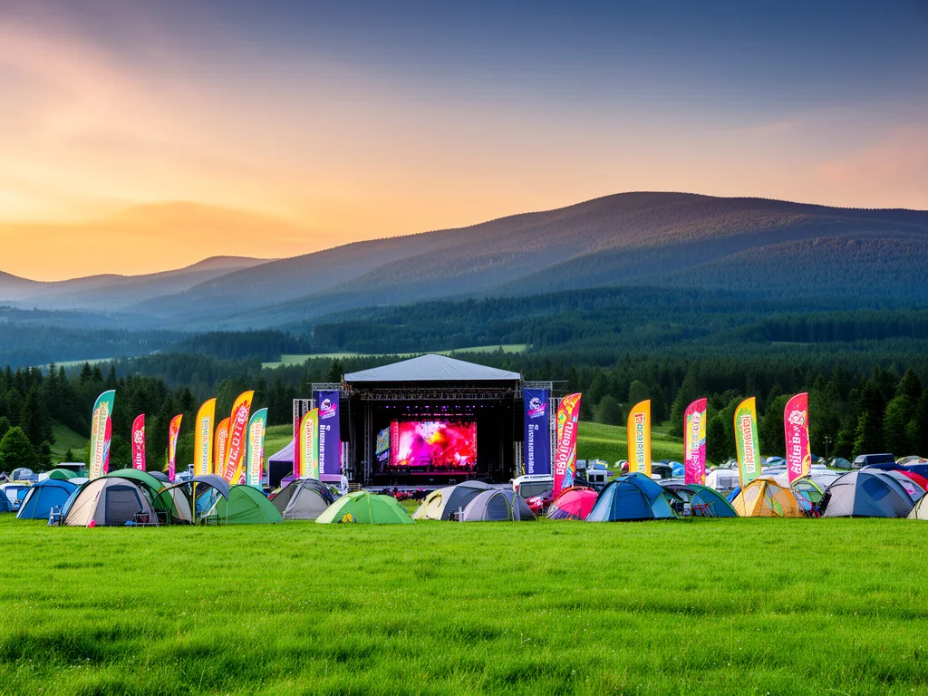 Teren Campingu Sudety w Bielawie przygotowany na dni bielawy 2026 ze sceną festiwalową i górskim krajobrazem