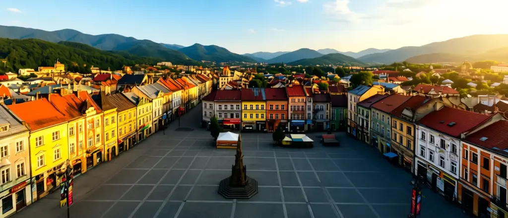 Panorama centrum Bielska-Białej z rynkiem i kamienicami podczas dni bielska-białej 2026 jako Polskiej Stolicy Kultury