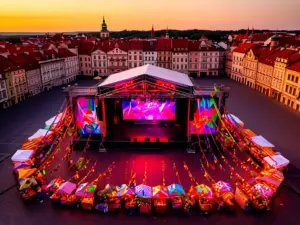Scena festiwalowa przygotowana na dni chrzanowa 2026 na rynku miejskim z kolorowymi dekoracjami
